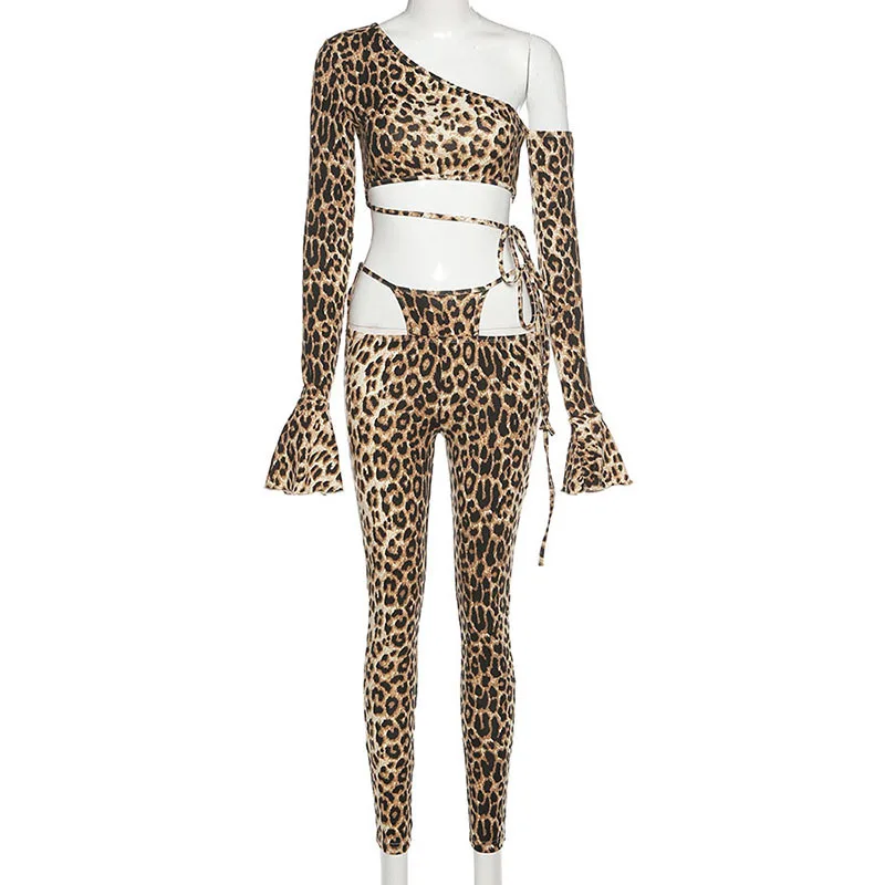 

2021 new arrivals spring asymmetrical designs women leopard printed long sleeve top with full length sexy pants set