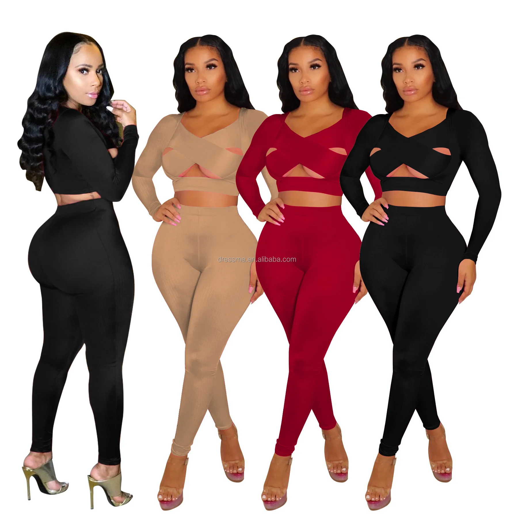 

MT179-6115 Wholesale autumn and winter fashion women's solid color sexy long-sleeve hollow cross-fitting two piece pants set