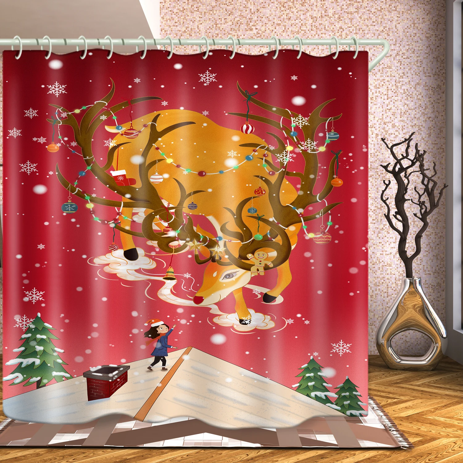 

Yellow Christmas Deer Series Bathroom Decoration Waterproof Shower Curtain Anti-peeping Curtain Custom Printing Shower Curtain, Picture