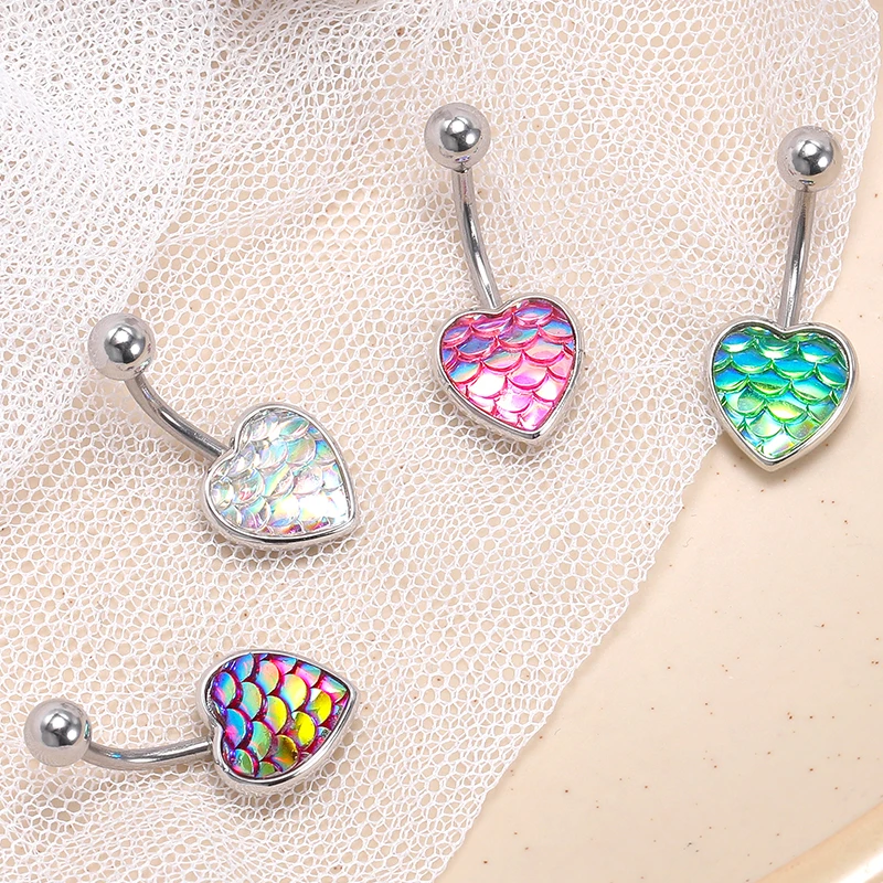 

HOVANCI Summer Beach Body Jewelry 316L Medical Steel Belly Button Ring Piercing Color Fish Scale Heart Belly Bars Navel Rings, As picture