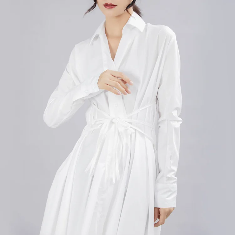 

New Spring Autumn Lapel Long Sleeve Button Bandage Stitch Pleated Irregular Shirt Dress Women Fashion