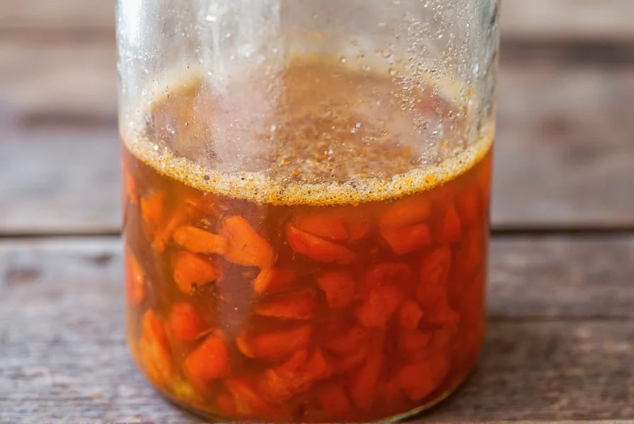Glass fermentation jar with bubbling pepper mixture showing active fermentation process