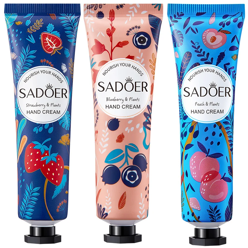 

SADOER Private label OEM moisturizing 30g Peaches blueberries strawberries hand cream set fruit mini hand cream for hand care