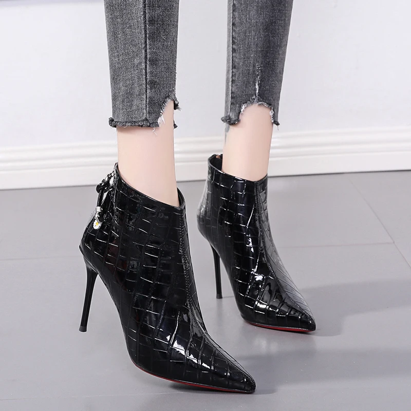 

113484 Croc embossed solid color high stiletto heeled women shoes pointed toe back zip detail lady ankle boots female footwear