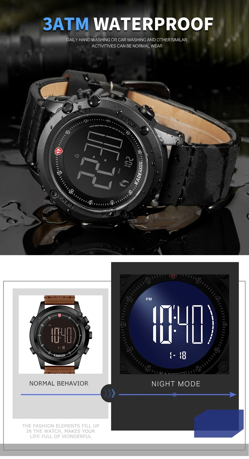 KADEMAN K698 Military Men's Watch Digital Waterproof Step Counter Sports Clock Leather Top Luxury Brand LED Male Wristwatches