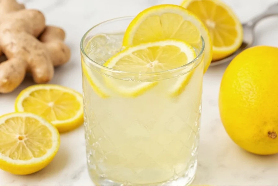 Fresh ginger slices steeping in hot water with lemon slices floating on top, natural light kitchen setting