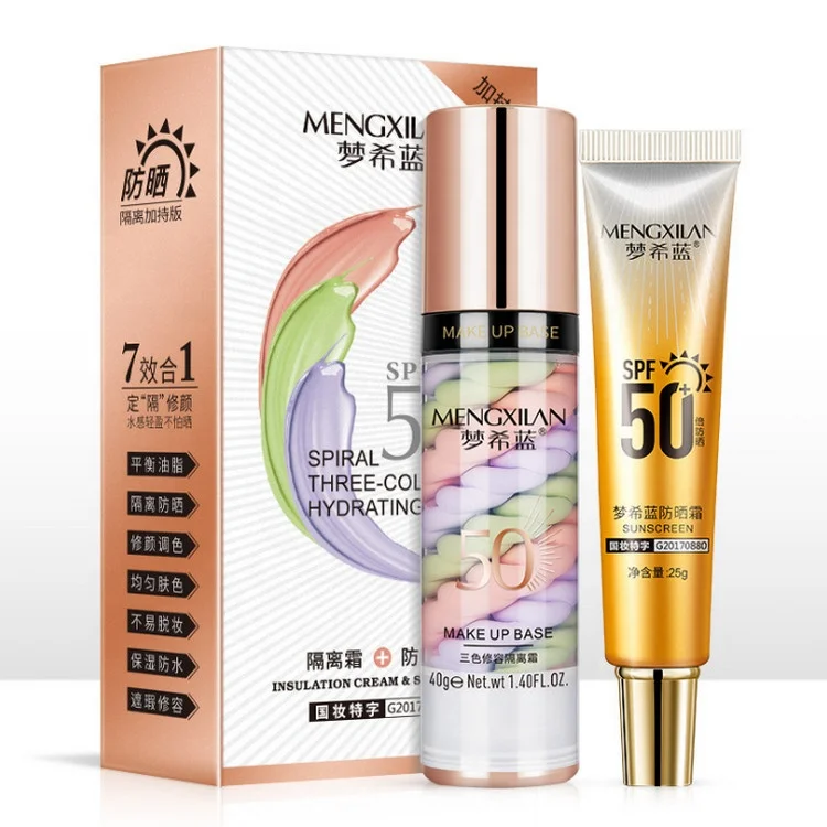 

3-In-1 Pink Purple Green 3-Color Makeup Concealer Moisturizing Even Skin Tone + SPF50+ UV Protection Sunscreen Cream Combo