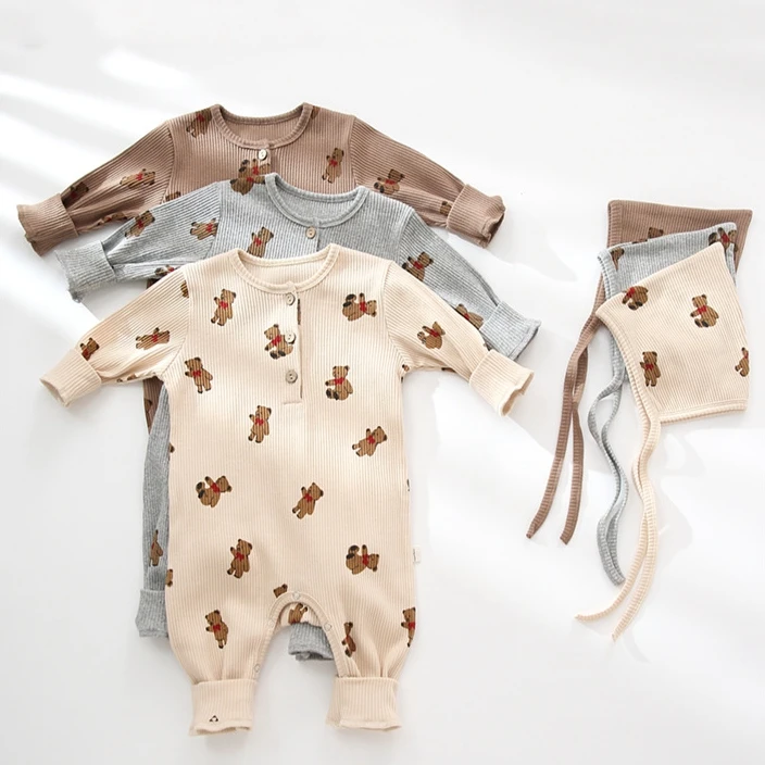 

2022 Spring Baby Romper and Hat Set Cartoon Bear Printed Long Sleeve Footless Infant Jumpsuit Baby Homewear, As picture showed