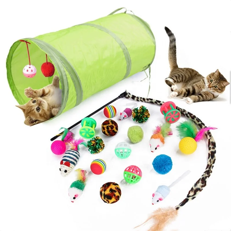 

21pcs/set Pet Kit Collapsible Tunnel Cat Toy Fun Channel Feather Balls Mice Shape Pet Kitten Dog Cat Interactive Play Supplies, Customized color