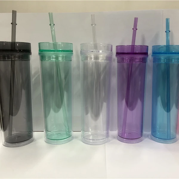 

Hot Selling Clear Acrylic Tumbler 16oz Skinny Tumblers Plastic Double Wall Insulated Drinking Cup Tumbler with Lid And Straw, Green, blue, white,black,purple and red