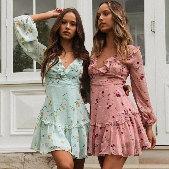 

Boho Pink Floral Print Ruffle Dress Spring Women Elegant Party Holiday A Line Dress Ladies Sexy Hollow Out Bandage Dress Coldker