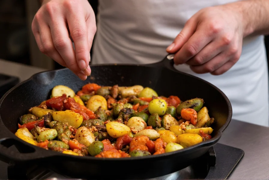 Chef's hands sprinkling cayenne chili flakes over roasted vegetables in cast iron skillet showing application technique