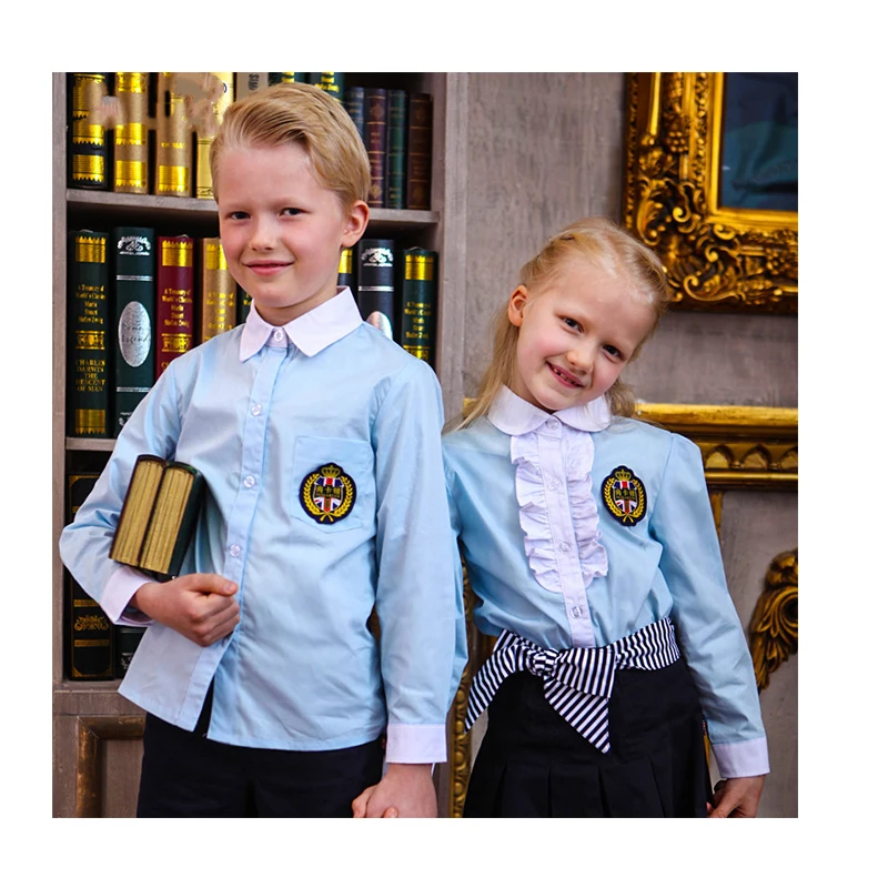 fashion simple custom light blue long sleeve+black pants/skirt primary school uniforms sets