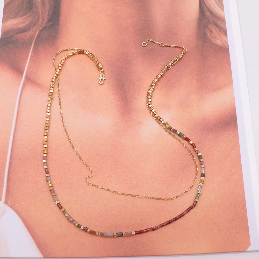 

Necklace double layer color natural ore necklace female copper plated real gold multi-layer clavicle chain boho jewelry
