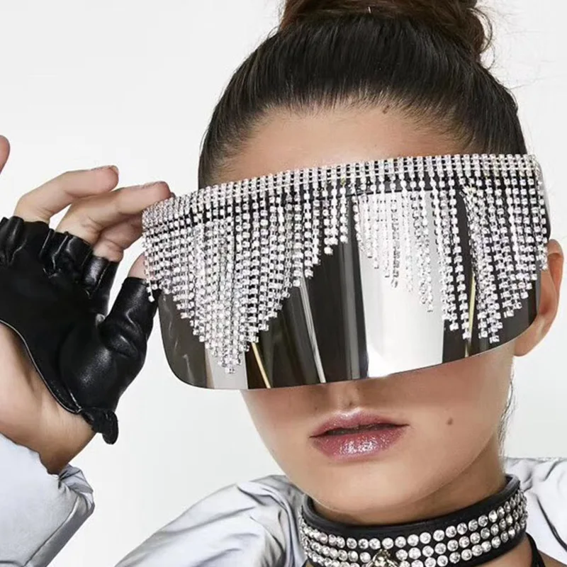 

Wholesale Colorful fashionable rhinestone large frame eye protection face shield tassel sunglasses