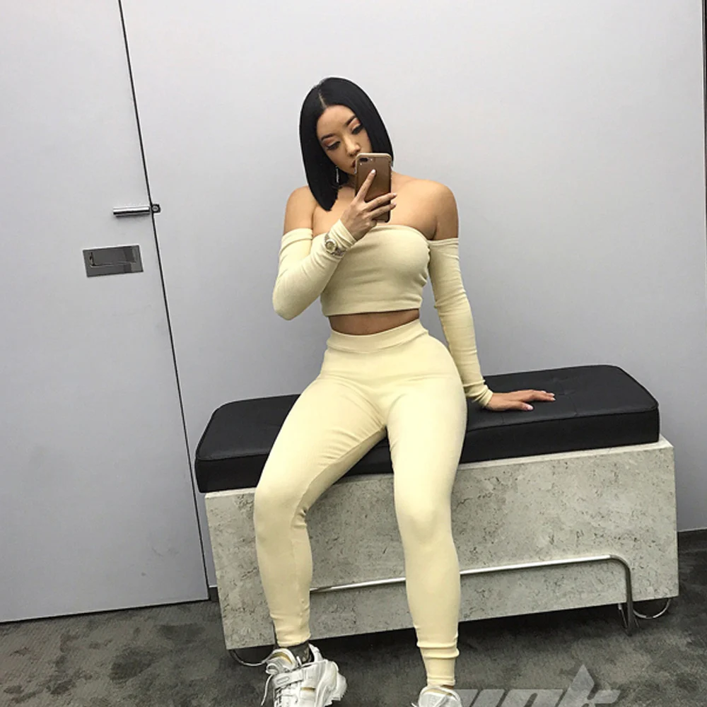8281 Good Quality Ribbed Two Piece Sets Women Sexy Skinny Slash Neck Tank Top and High Waist Pencil Pants Matching Sets Outfit
