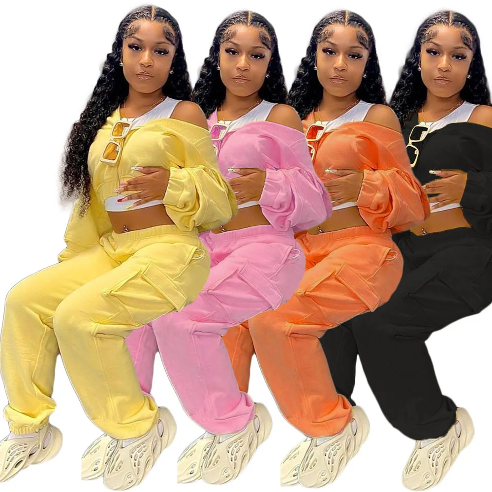 

Fashionable Women Fall Sets Two Piece Sweatsuits Cargo Pants Joggers Set Girls' Sports Wear Autumn Clothes for Women