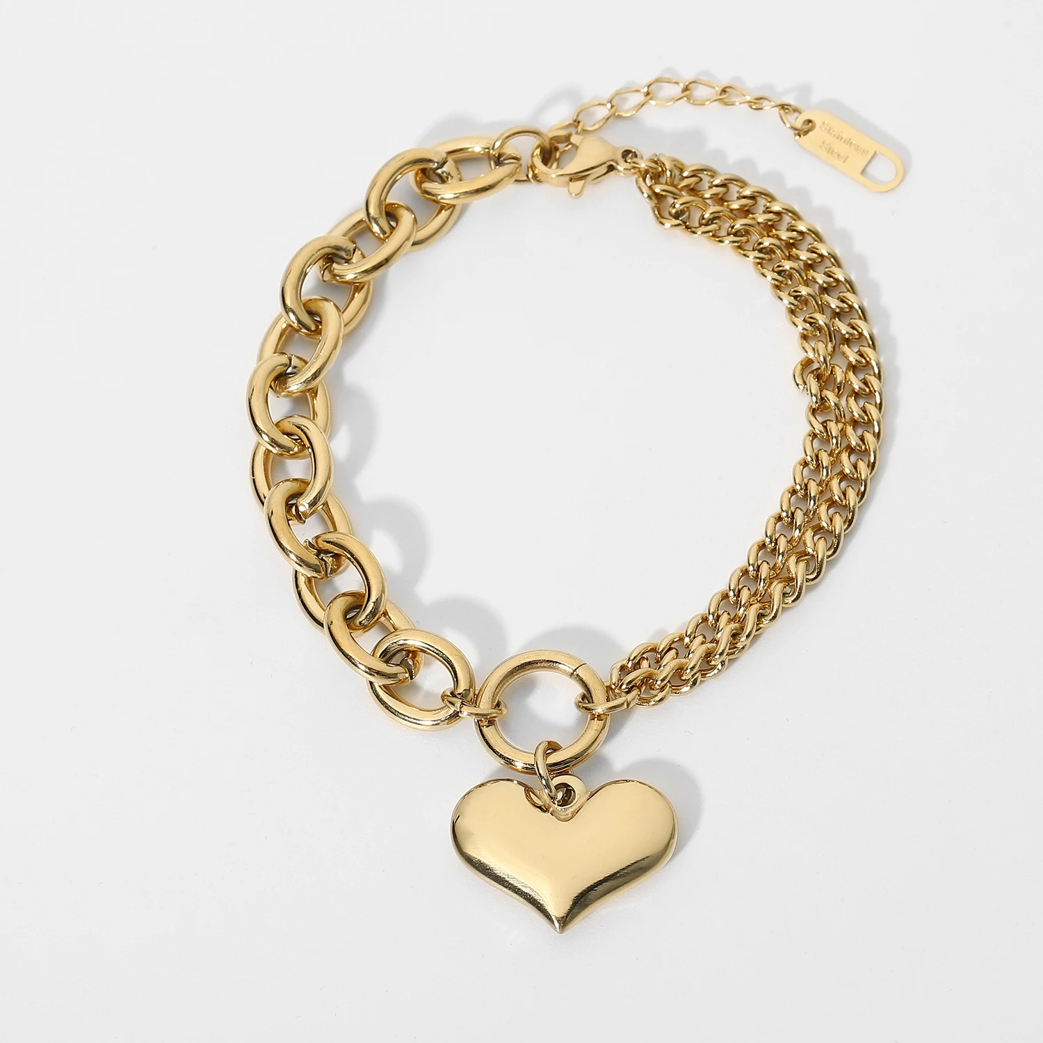 

New Trend 14K Gold Plated Stainless Steel Chain Bracelets For Women Stitching Ring Smooth Heart Pendant Bracelet