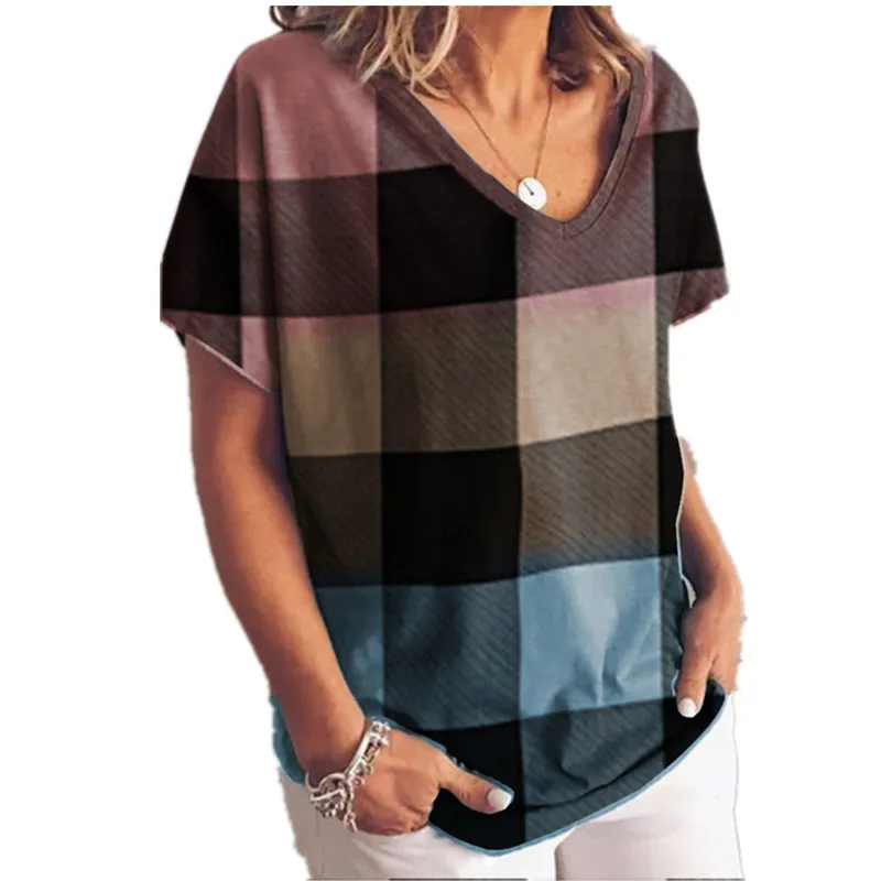 

2021 European and American new ladies gradient color printing short-sleeved large size loose T-shirt top