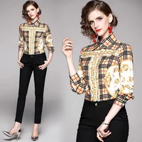 

2019 Fashion Women's Office Blouse Business Lady Printing Slim Long-Sleeved Lapel Shirt