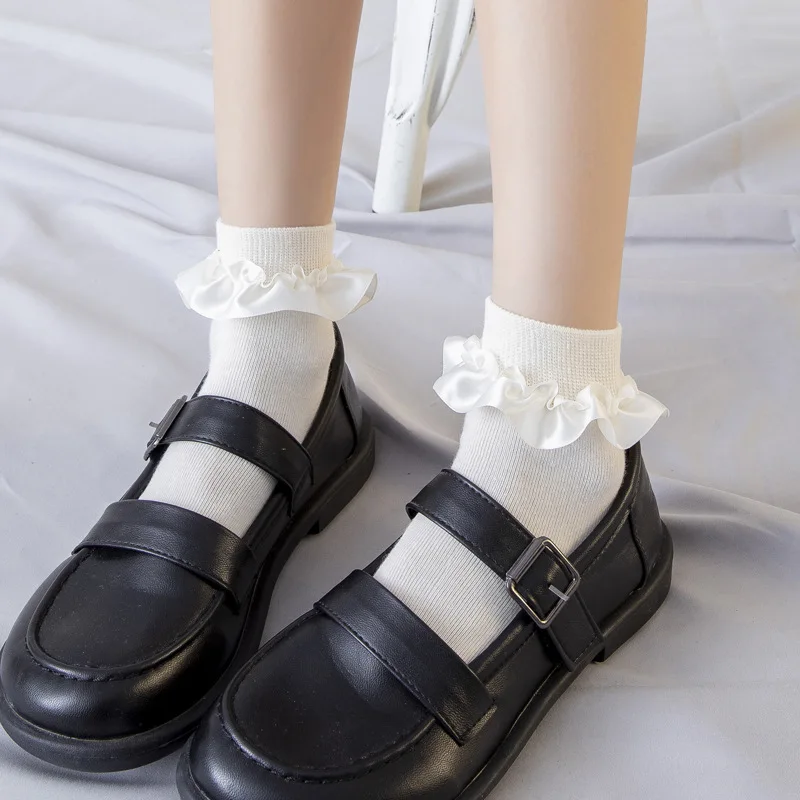 

Cute socks lolita ruffle designer white kawaii harajuku calcetines woman chaussette femme funny women meias happy cool sock, Black,white