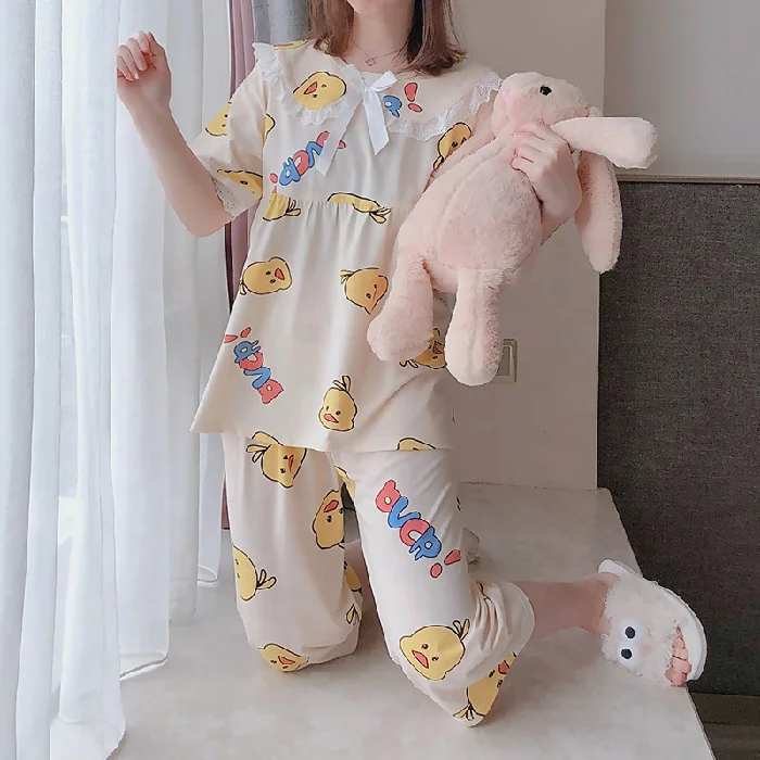 

Hot Sale Cheap Fashion Short Sleeve Loose Pants Pajama Sleepwear Ladies