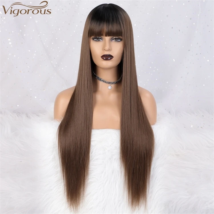

Vigorous Wholesale Price Long Silky Straight Wig With Bangs Ombre Brown Heat Resistant Fiber Synthetic Hair Frontal Lace Wigs