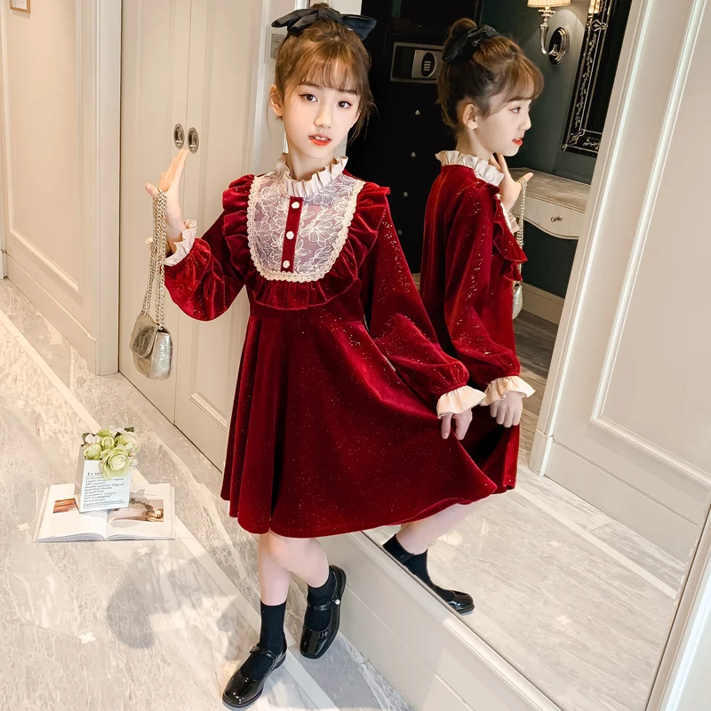 

Best selling wholesale spring new girl princess dress long sleeve autumn Korean gold velvet lace collar slim A-line skirt, Picture shows