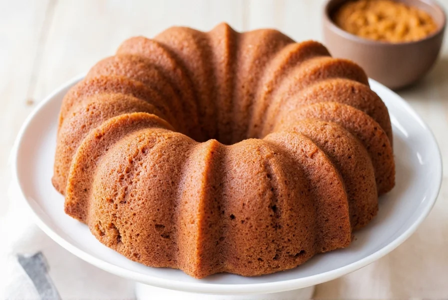 Perfectly golden cinnamon bundt cake with glaze drizzled over textured surface on white ceramic plate
