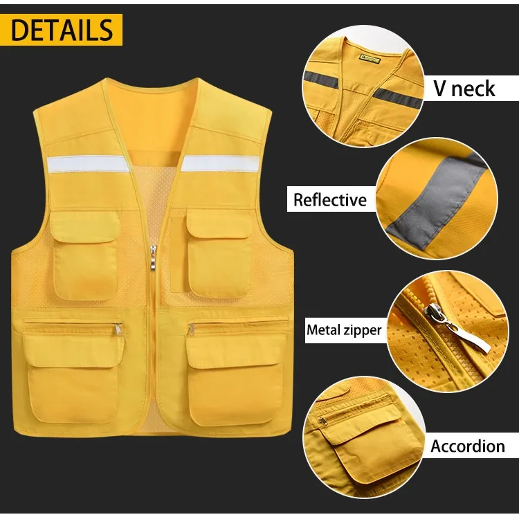 Custom Mens 6 Pocket Tools Multi Pocket Reflective Work Mesh Safety