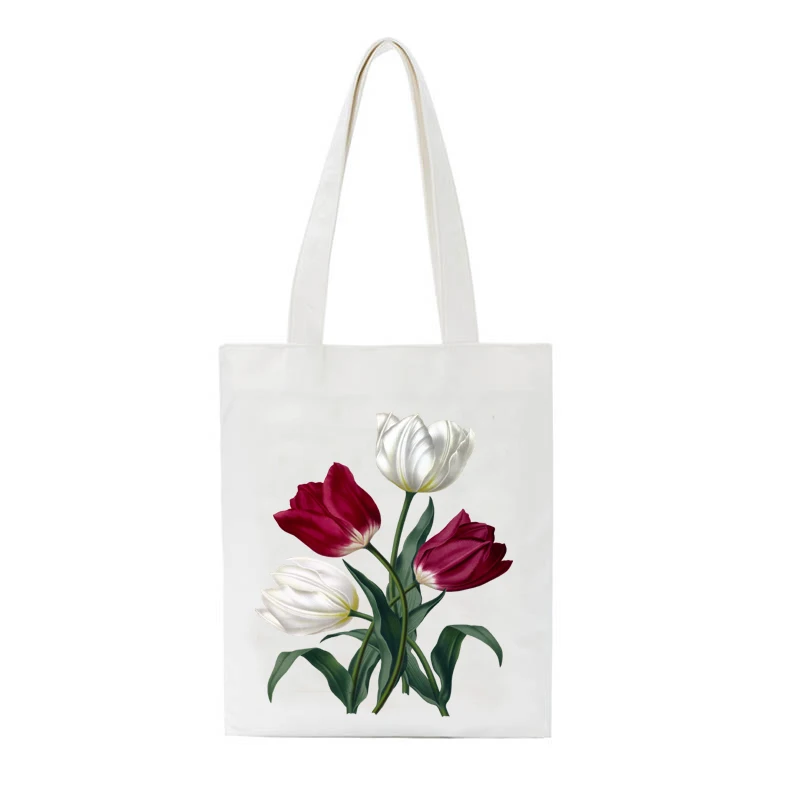 

2020 Hot Selling Cute Environmental Shopping Bag Press Tulip Lotus Print College Styles Tote Bag Funny Storage Bag