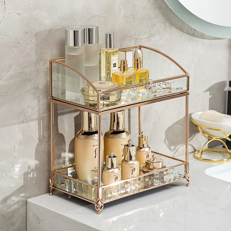 

Metal Glass Makeup Storage Shelf Detachable Two Layers Cosmetic Storage Display Rack for Bathroom Dresser Countertop, Transparent