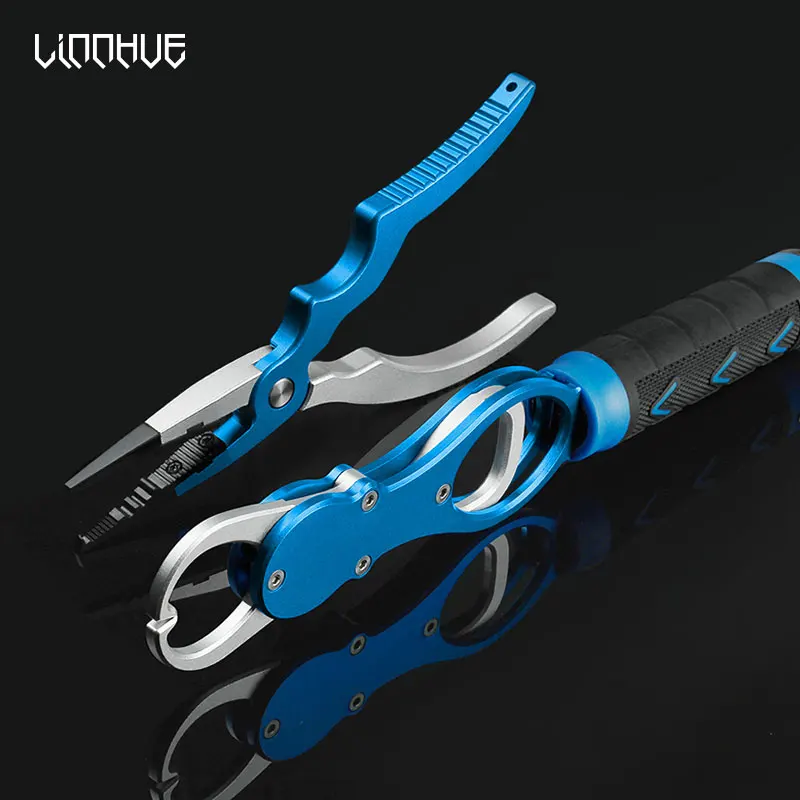 

LINNHUE Aluminum Alloy Fishing Pliers Grip Set Fishing Tackle Gear Hook Recover Cutter Line Split Ring Fishing Accessories, Blue/red