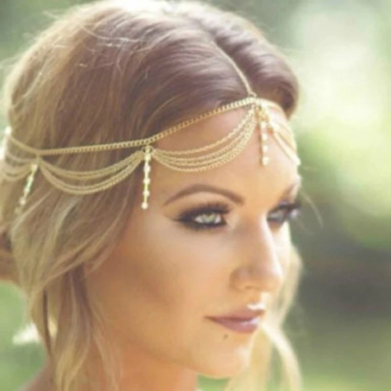 

New Fashion Elegant Gold Rhinestone Head Chain Hair Jewelry Wedding Hairstyles Headpiece Boho Crystal Bridal Hair Accessories, Golden