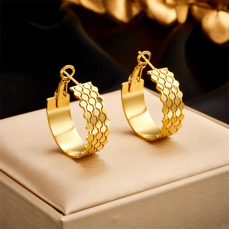 Trendy Geometric Wide Stainless Steel Tarnish Free 18k Gold Hoop Earrings For Women Jewelry