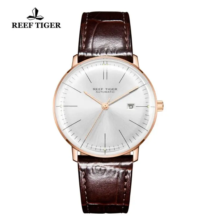 

REEF TIGER RGA8215 Top Band Luxury Dress Watch for Men Rose Gold Automatic Watches Brown Leather Strap