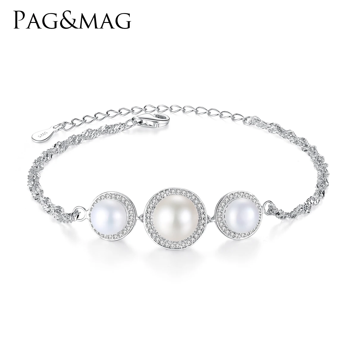 

PAG&MAG Three Freshwater Pearl Bead Flower 925 Sterling Silver Bracelet Charm Bracelets Jewelry