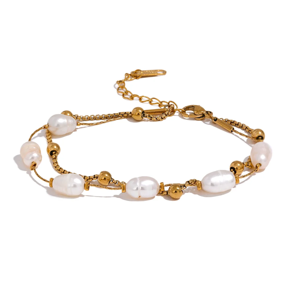 

JINYOU 635 Natural Pearls Double Layer Chain Stainless Steel Charm Bracelet Bangle Women Stylish 18K PVD Summer Jewelry