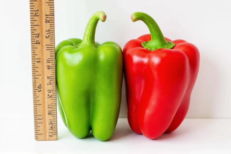 Close-up comparison of green and red fresno chile peppers next to a ruler showing their 2-3 inch size