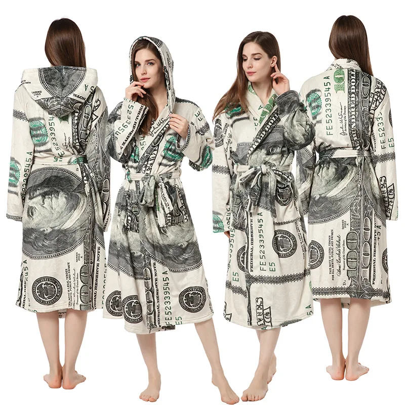 

Ladies Flannel Robe Coral Fleece Nightgown US Dollar Print Comfortable Simple Long Sleeve Bathrobe Knee-length