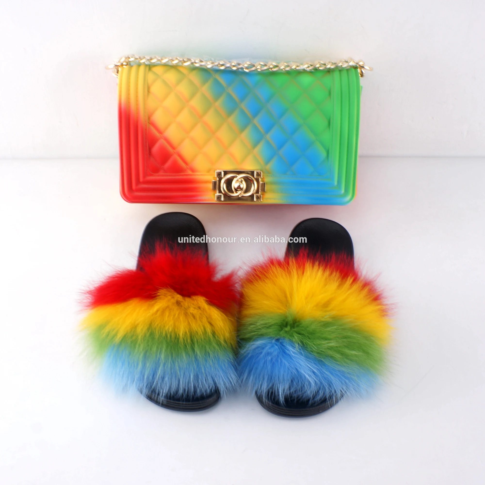 

New arrival rainbow color two piece set jelly purses matching real fur slides for women ready to ship