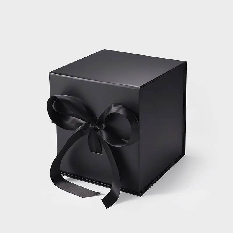 

Wholesale ready shipping 2pcs cubic style black magnetic closure paper gift box with ribbon