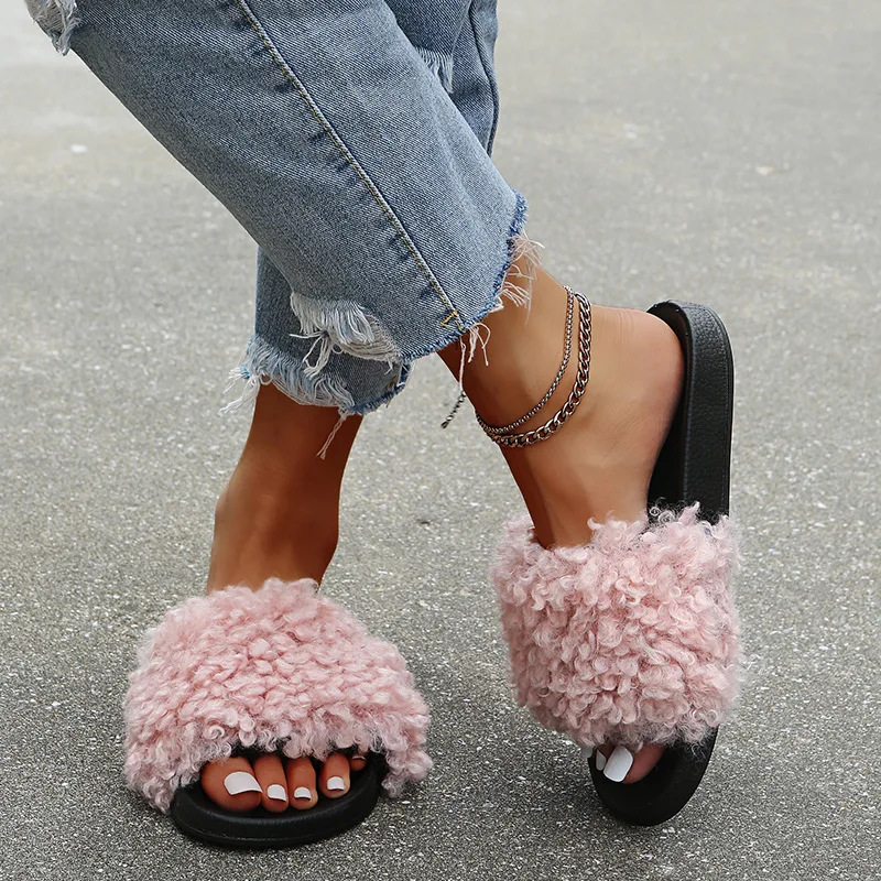 

Dropshipping hot sale custom slides fashion home fur slippers big size slides slippers, Black/grey/beige/pink