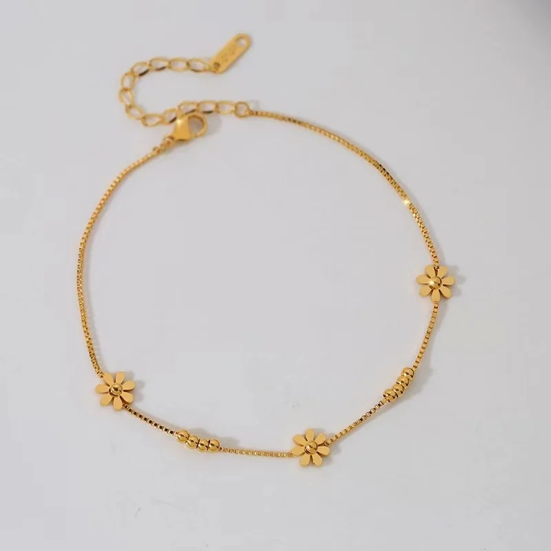 New Arrival Waterproof Jewelry Stainless Steel Flower Ankle 18K Gold Plated Beads Daisy Flower Charm Anklet For Women