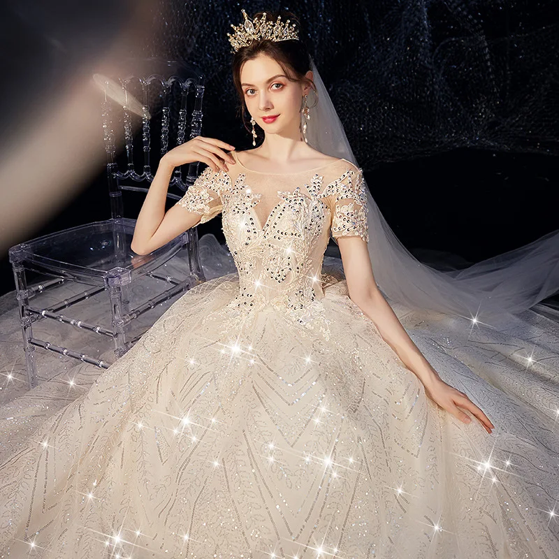 

S149 High quality new fashion star floor length bride veil elegant gown bridal long sleeves wedding dress mermaid, White