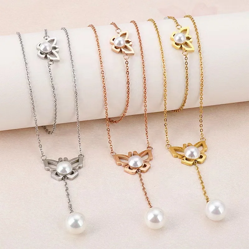 

2021 New stainless steel luxury women jewelry set Pearl Butterfly Bracelet Necklace Earrings dubai jewelry sets jewellery, Gold color