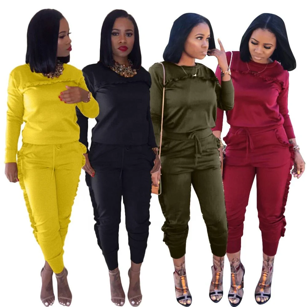 

B51367A Hot style women autumn new fashion ruffled pure color pants sets, Black/yellow/wine red/armygreen