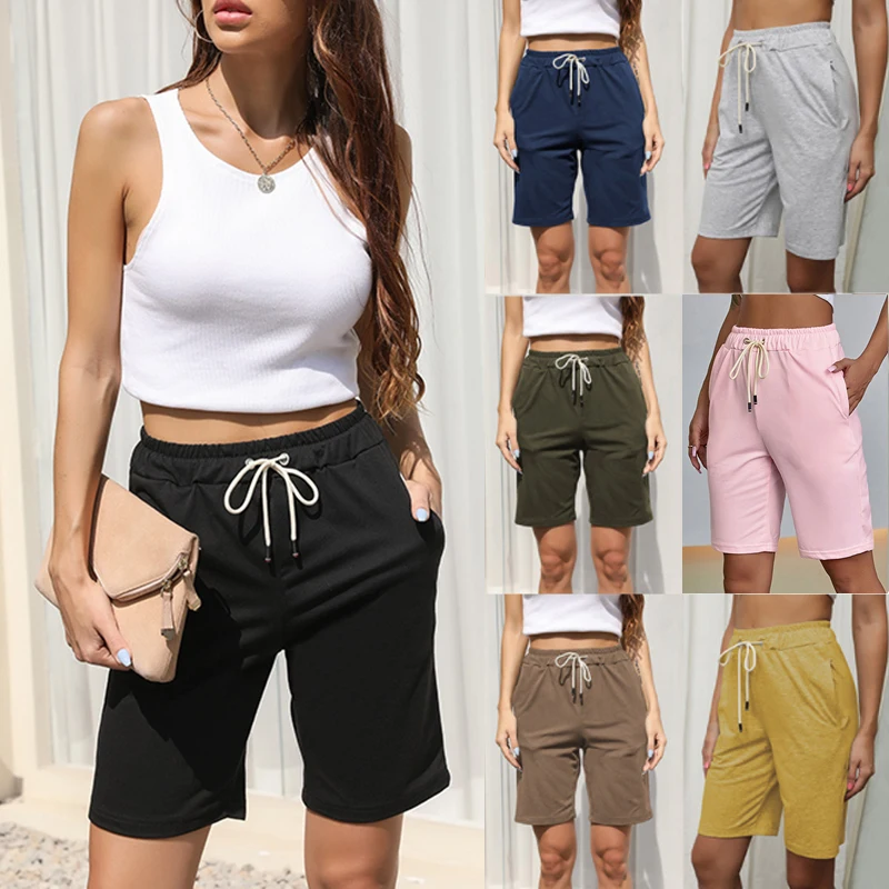 

Women Summer Casual Drawstring Elastic Pure Color Shorts With Pockets, Black