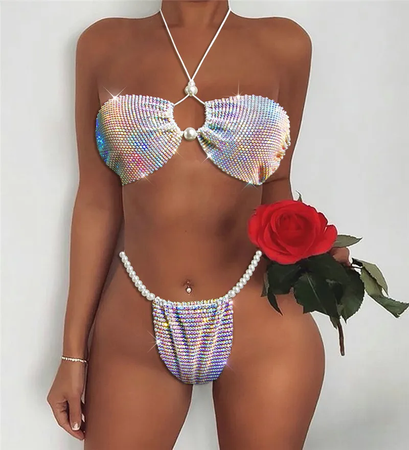 

New 2022 Latest Fashion Sex Tanga Two Piece Tie Dye Sexi 2 Piece Tween Bathing Suit Swimming Swimwear Crystal Diamond Bikini