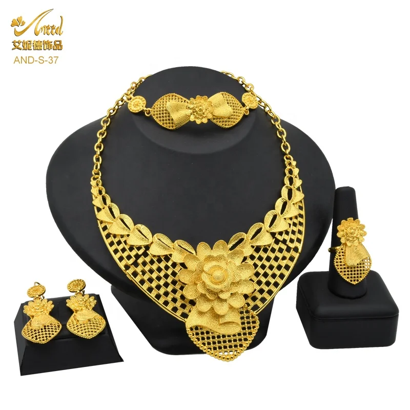

High Quality 24K Gold Plating Women Fashion Wedding Jewellery 18K Gold Plated African Bridal Four Piece Flower Jewelry Set